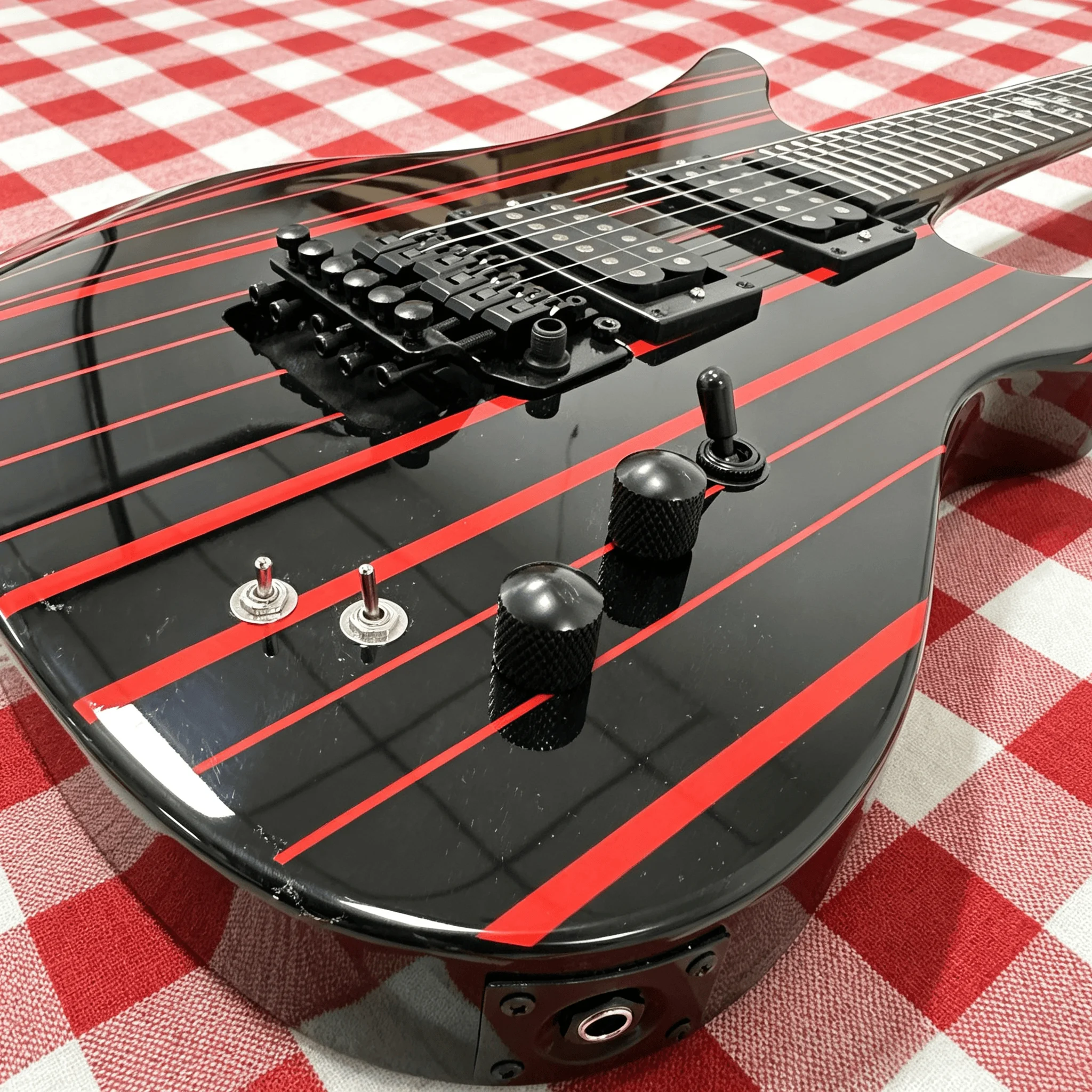 Gloss Black Red Alien Horn-Style Electric Guitar HH High Output Humbuckers 6 String 24 Frets In Stock Free Shipping