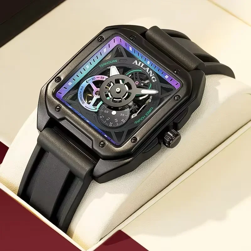 

AILANG Automatic Movement Tourbillon Fashion Skeleton Square Dial Sports Waterproof Mechanical Watches for Men with Box