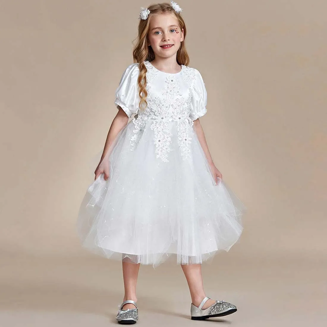 YZYManual-Lovely Lace Bubble Sleeve Princess Dress, Flower Girl Dress, 2-15T