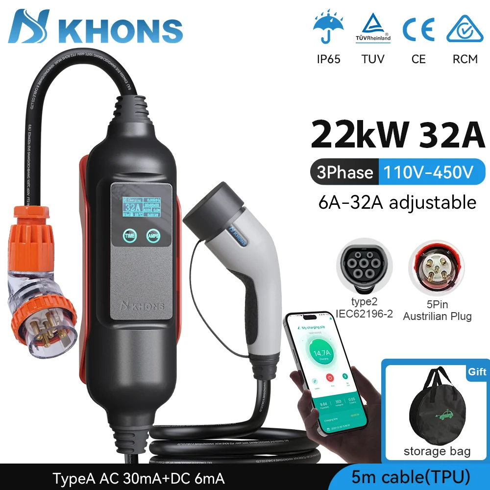 Khons Type2 Electric Charger 22kw 32A 3-Phase WIFI-APP Control Portable EV Charger EVSE Wall Box Suitable for BYD Tesla Charging