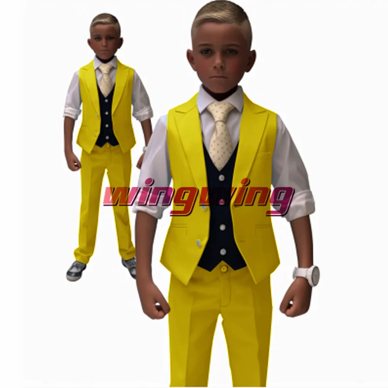 

Boys Suit Wedding Three-piece Suit Short Sleeve Vest Pants Fashion Design Kids Clothes 2-16 Years Yellow Blazer