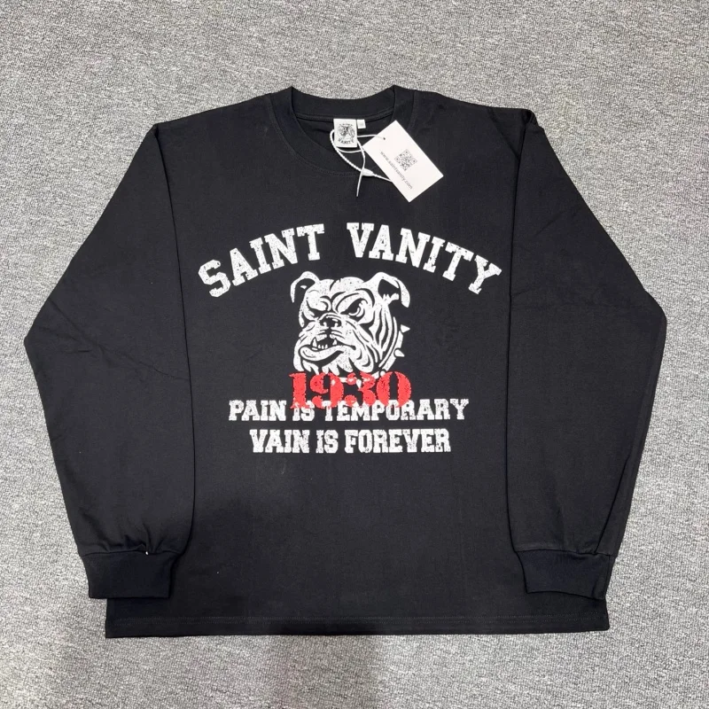 Men Black Saint Bulldog Graphic Long Sleeve T Shirt Vintage Distressed Print Streetwear Tee