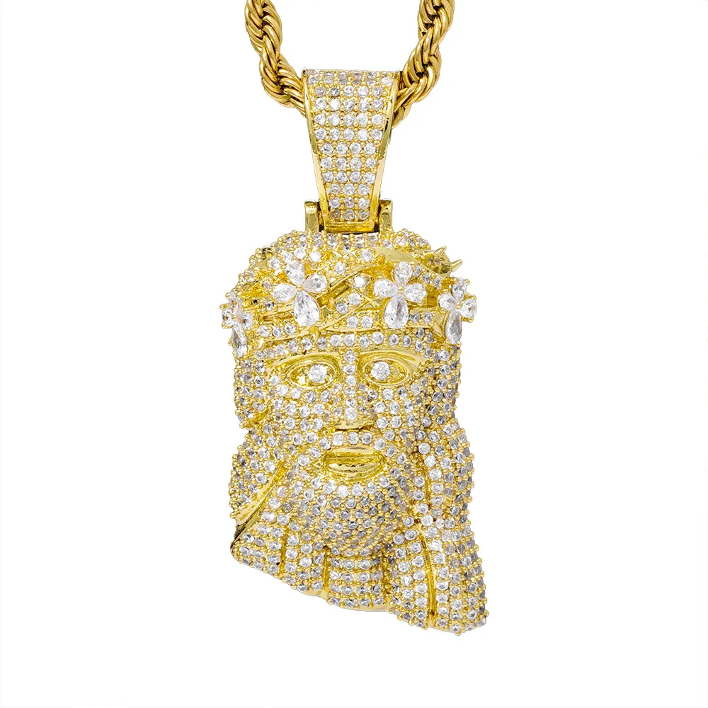 

18K Gold Plated Iced Jesus Face Pendant Necklace, Shiny Cubic Zirconia Hip Hop Chain for Men Party Jewelry Customization