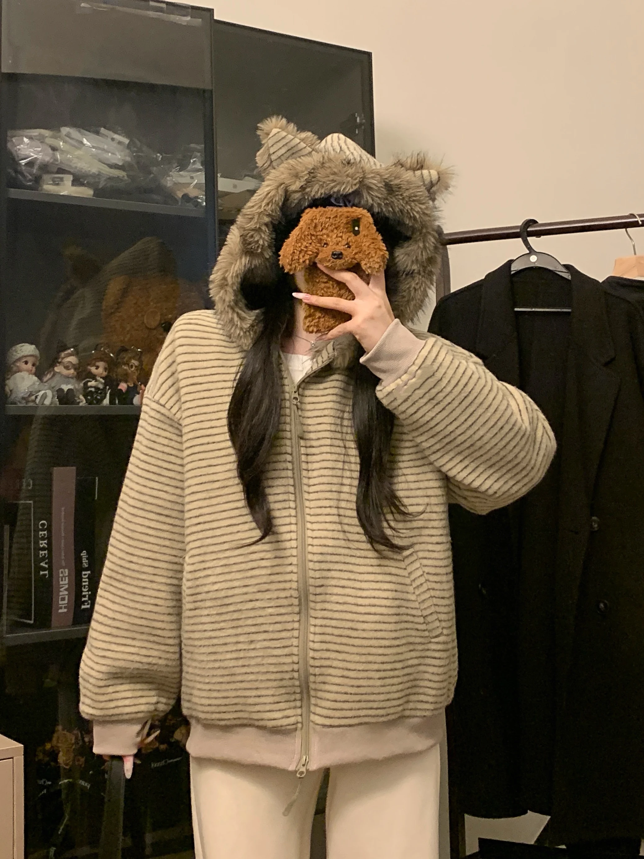 

Осенняя японская милая толстовка с медвежьими ушками, женская винтажная толстовка с меховым воротником в полоску Y2K, верхняя одежда в стиле Харадзюку, повседневные уличные толстовки