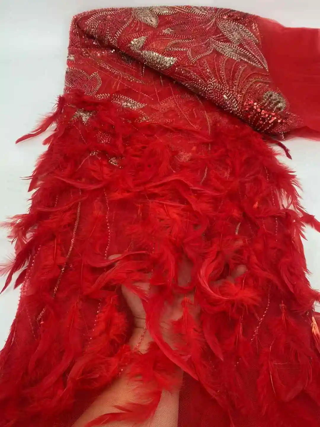

Beautiful Handmade Feathers With 3D Feather Embroidery French Sequins lace African Nigeria fabric For Evening dresses wedding