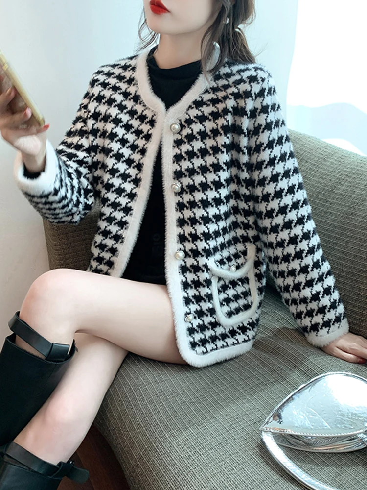 Chic Vintage Houndstooth Knitted Cardigans for Women O Neck Long Sleeve Female Cardigan Sweaters Autumn Winter Casual Knitwear