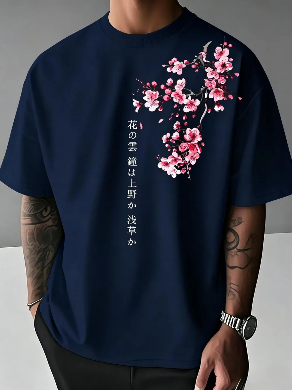 Men's summer cherry blossom letter printed machine washed comfortable and breathable round neck T-shirt outdoor casual top