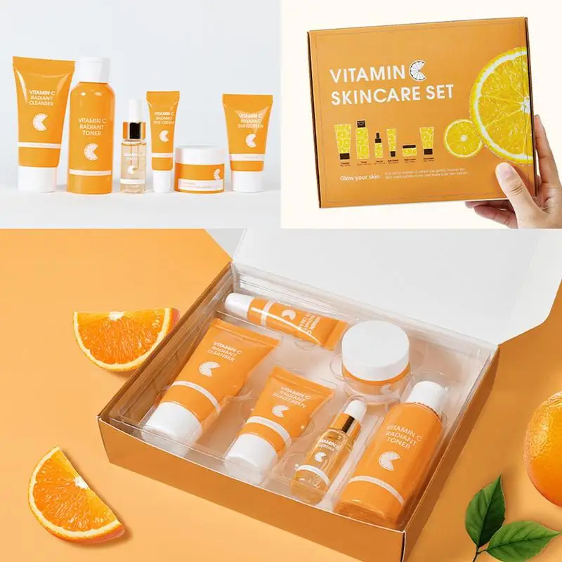 6 stks/set Vitamine C Gezichtsverzorging Set Hydraterende Serum VC Essencee Toner VC Gezichtscrème Gezichtsreiniger Vervagen Donkere Kringen Oogcrème