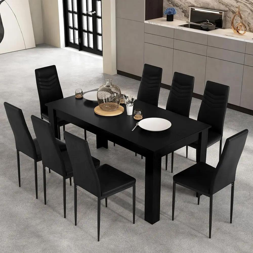 

Space-Saving 9-Piece Dining Set with PVC Leather Chairs for Kitchen and Restaurant Use, Black