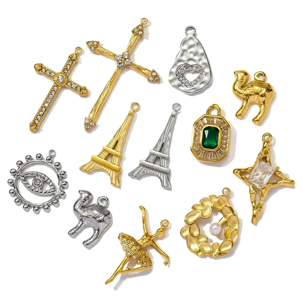 3 unids/lote Retro de acero inoxidable Camel la Torre Eiffel COLLAR COLGANTE Cruz de cristal bailarina Diy dijes joyería de ojos al por mayor