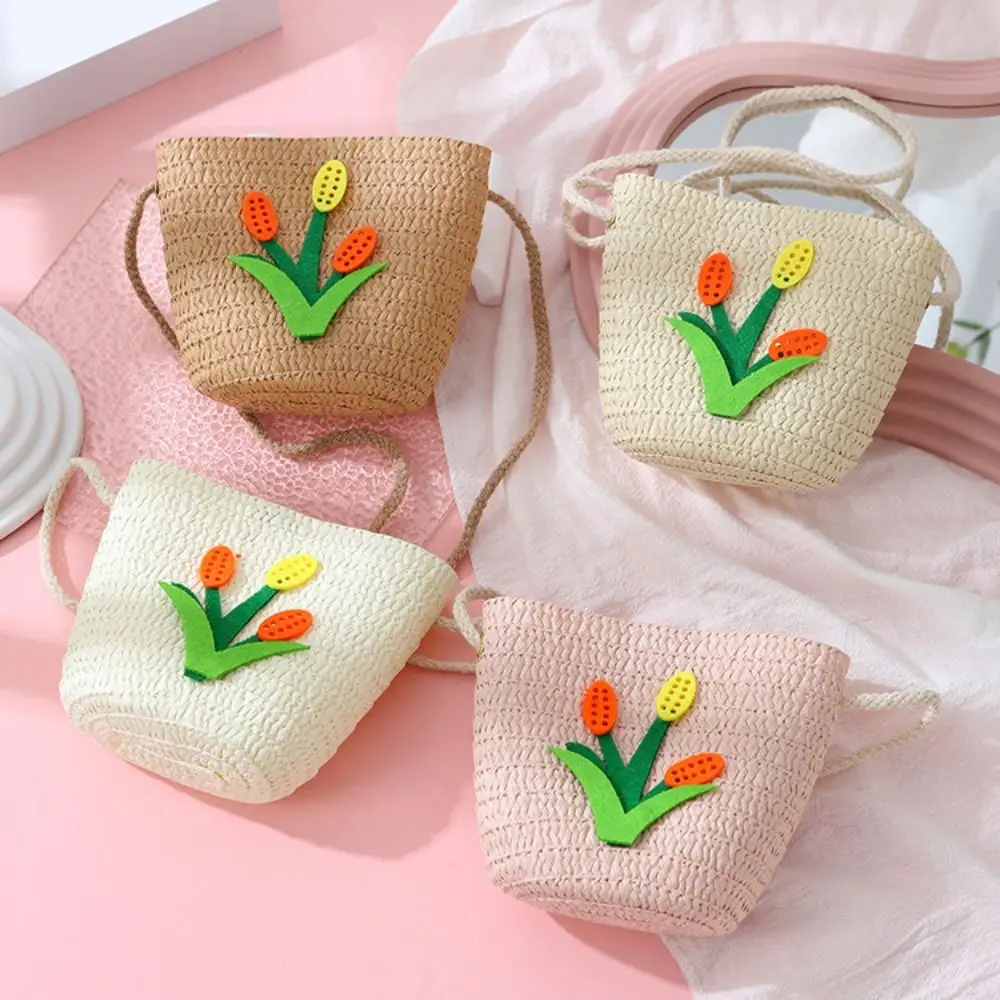 New Straw Crossbody Bag Flower Small Coin Purse Shoulder Bag Girls Kids