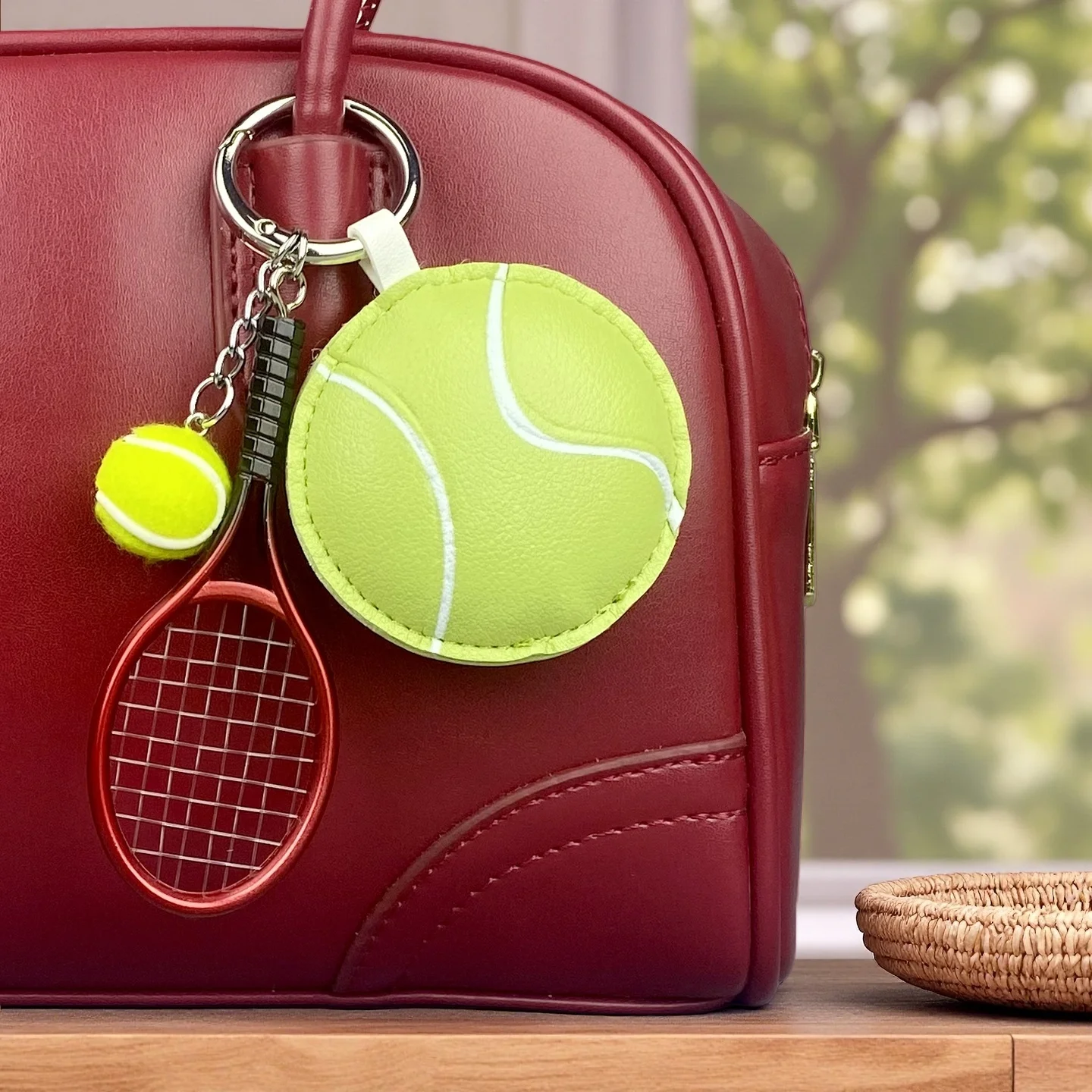 Charming Leather Tennis Keychain Set: Plump Ball & Miniature Racket Bag Charm-PU Leather-Perfect Gift For Tennies/Sports Lovers