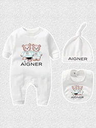 0-24M Newborn Romper 2024 Autumn New Fashion Infant Clothes Bodysuits Cartoon Bear Toddler Baby Boy Jumpsuit Set Bibs Hat 3Pcs