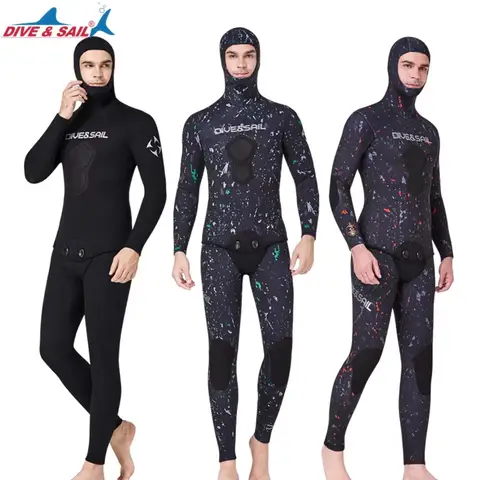DIVE & SAIL 위장 3mm 5mm 7mm 잠수복 (후드 포함) 투피스 스피어 낚시 잠수복 프리 다이빙 잠수복 Roupa De Mergulho