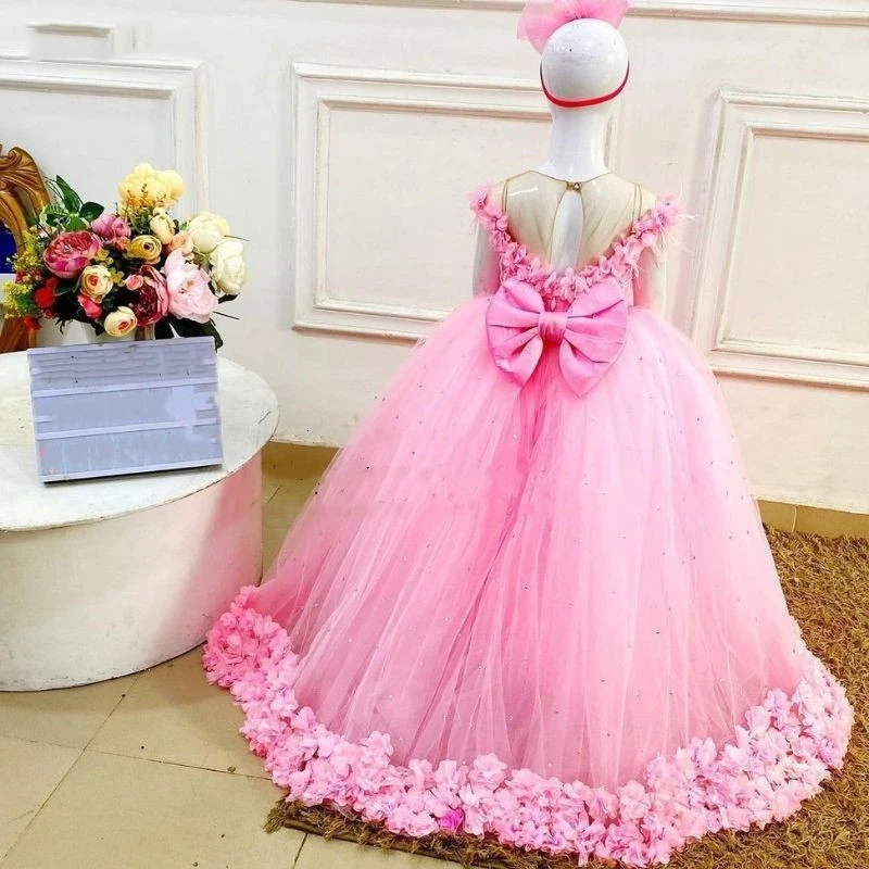 Robe de demoiselle d'honneur pour mariage, appliques 3D roses, perles de plumes, tulle gonflé, longueur au sol avec nœud, robe de Rhd'anniversaire pour enfants