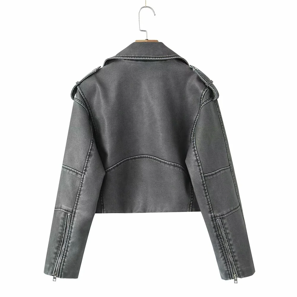 2024ZAR Spring/Summer New Women\'s Shorts with distressed effect faux leather motorcycle jacket jacket jacket leather jacket