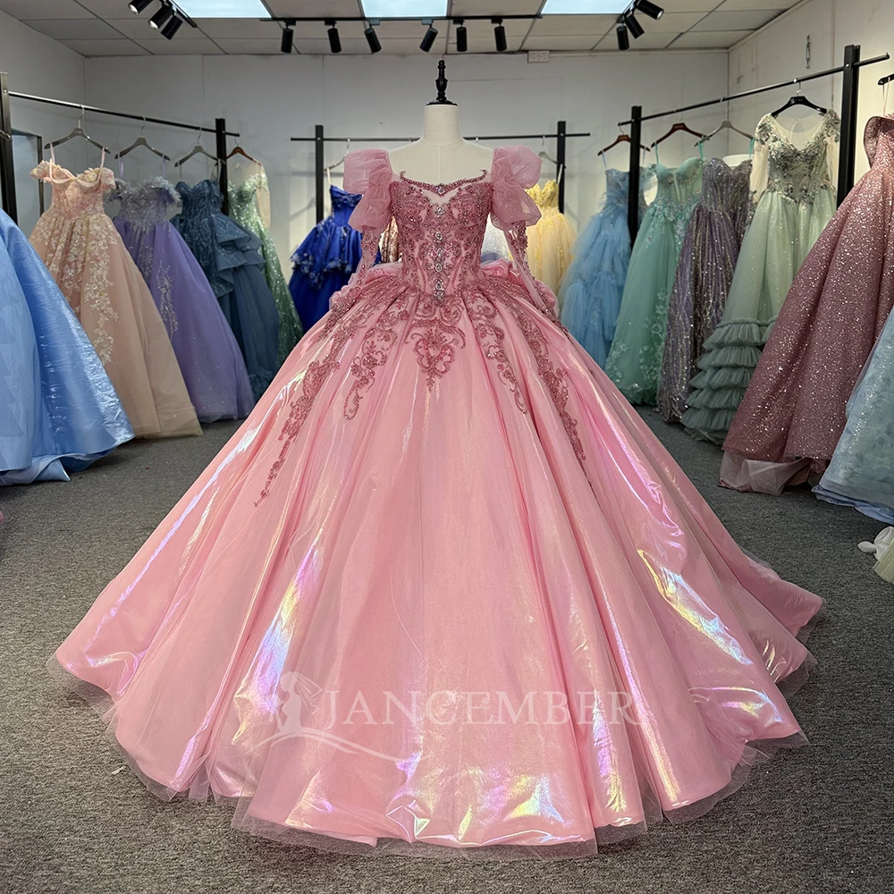 

Princess Ball Gown Quinceanera Dress With Sparkle Satin Sequins Vestido De 15 Anos Customized Long Sleeves Sweet 16 Party Gowns