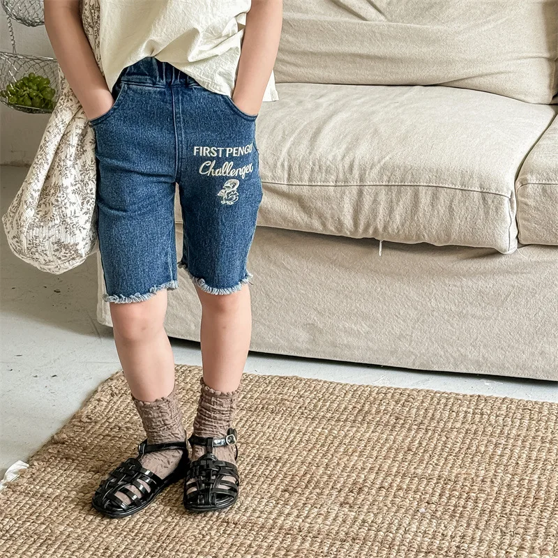 Korean Style Summer Baby Girls Skinny Denim Shorts Blue Black Letter Embroidery Short Jeans Children Versatile Half Pants A5212