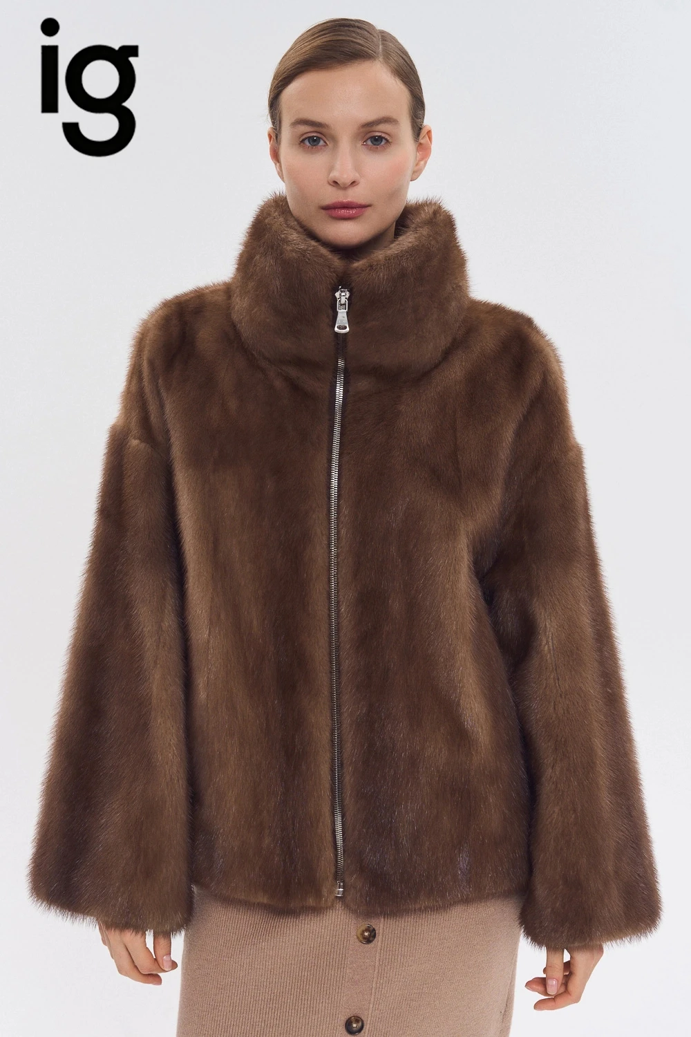 IG 2026 Women High Collar Zip Faux Mink Fur Jacket Short Loose Fit Long Sleeve Luxury Warm Winter Daily Fashion Outer Coat