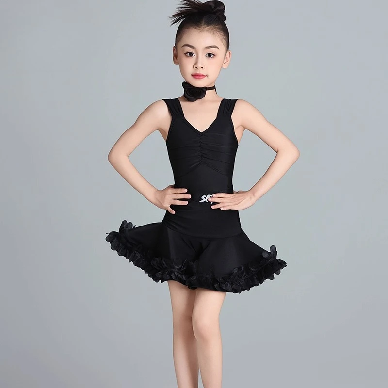 Costume de danse latine pour enfants, cha-cha, pour filles, jupe licou d'été, ensemble élégant de performance noir, nouvelle collection 2025