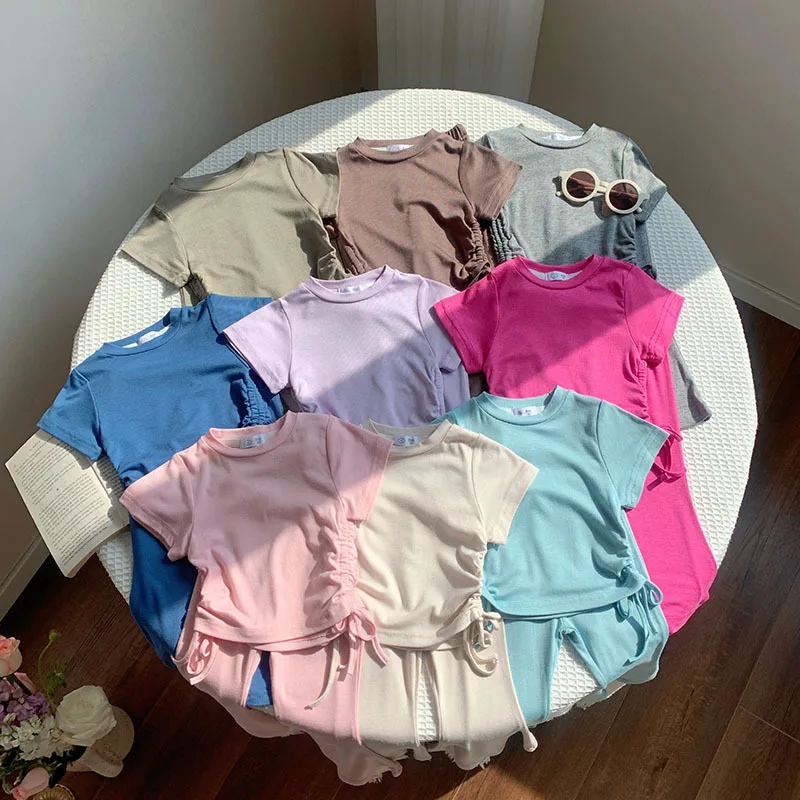 Girls' suit  summer dress foreign style drawstring short-sleeved horn trousers summer children's cross-border children's suit