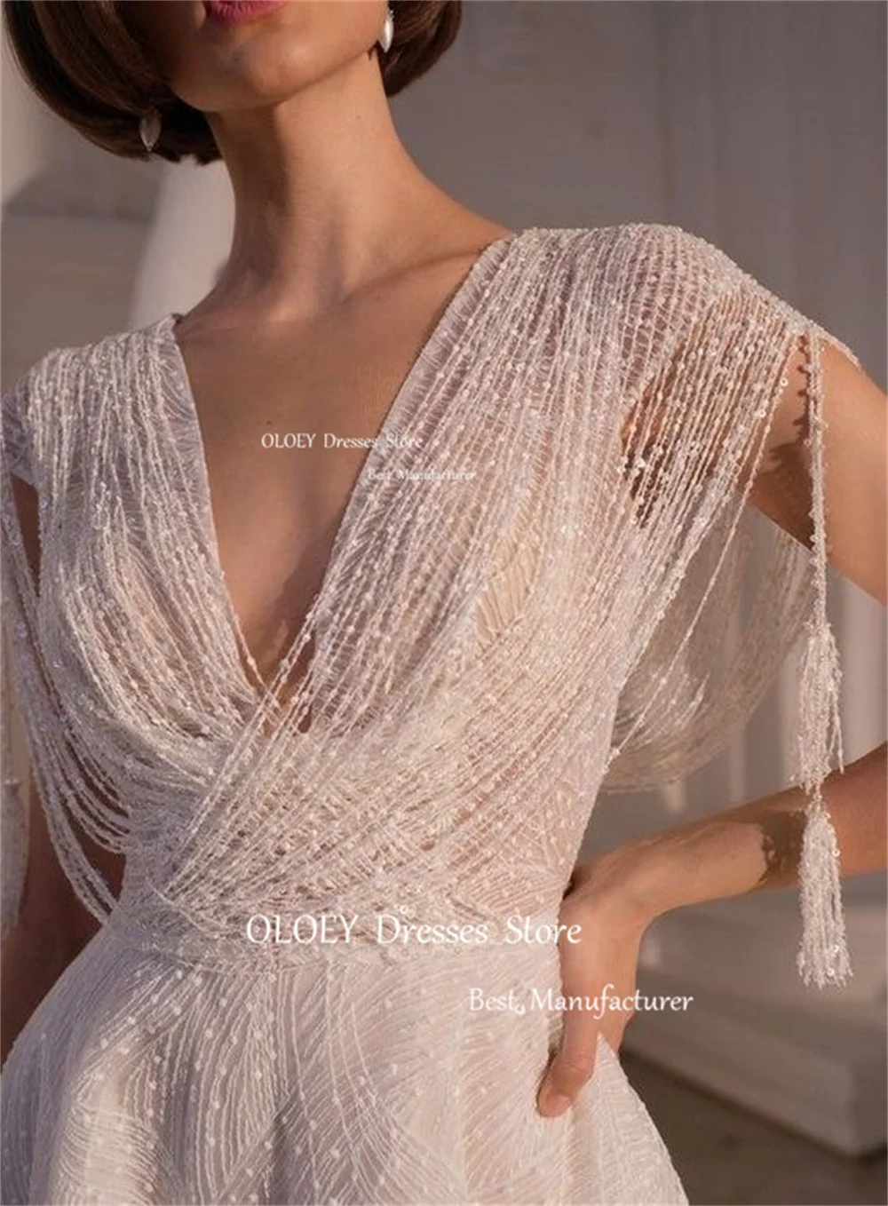 OLOEY Glitter Beading Wedding Dresses Sexy Deep V-Neck Summer Bride Dresses Receiption Gowns Soft Tulle Robe de mariage Custom