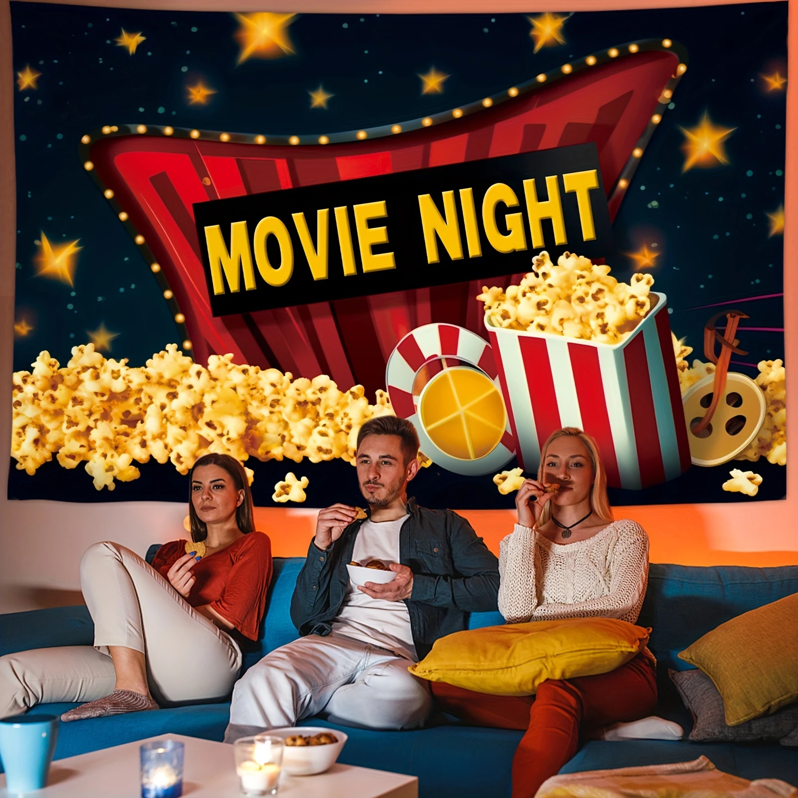 1pc, Movie Night Backdrop Cinema Lights Camera Film Popcorn Tape Party Poster Photography Backgrounds Decorations 59x39 Inch