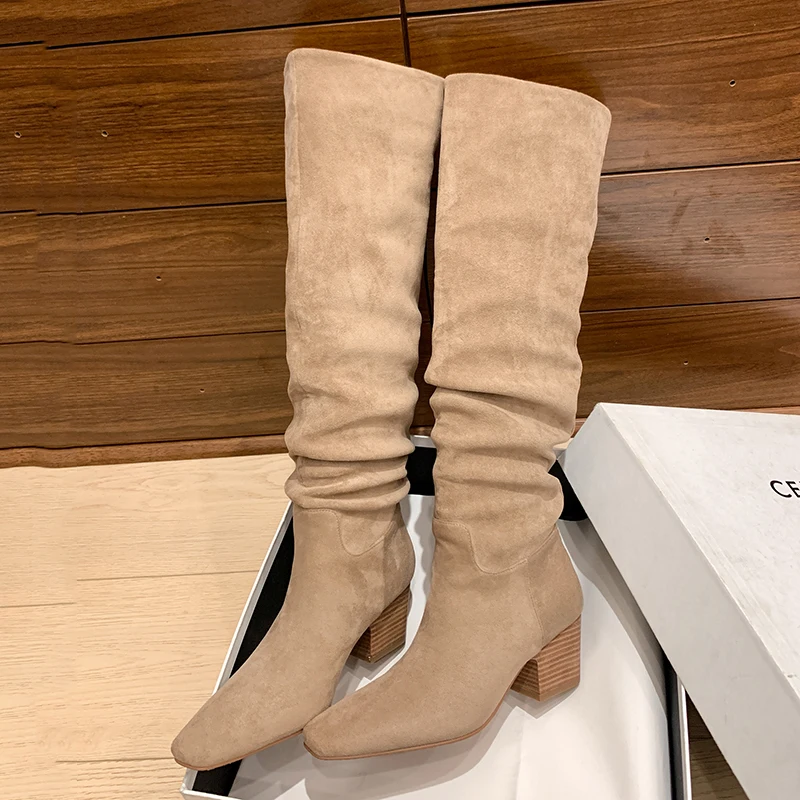 JOZHAMTA Size 34-40 Women Knee Boots Suede Leather Ruched Thick Heels Shoes Fall Winter 2025 Long Tall Boots Casual Office Dress