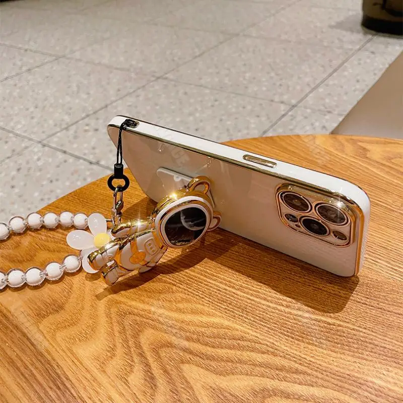 우주 비행사 꽃 팔찌 케어 iPhone 14 11 12 13 Pro Max 13 12 Mini 8 7 6 6S Plus 10 X Xr Xs Max SE 접이식 스탠드 커버