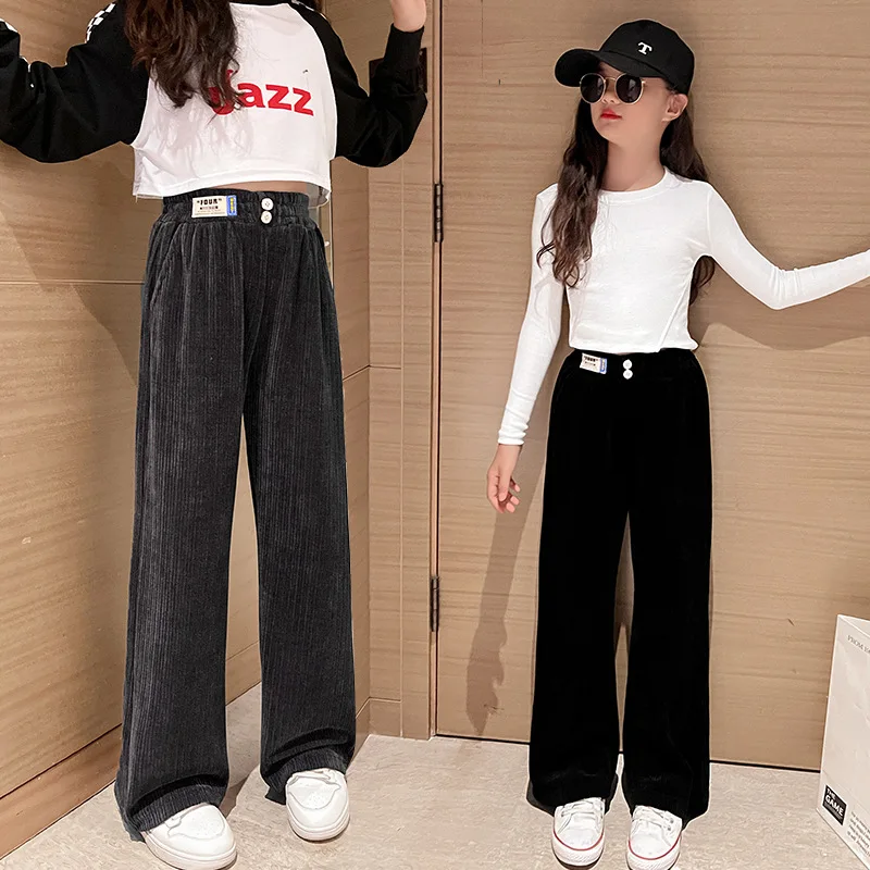 Winter Girls Casual Pants Loose Sport Fleece Warm Elastic Waist Wide Leg Pants for Kids 10 12 13 Years School Children Trousers