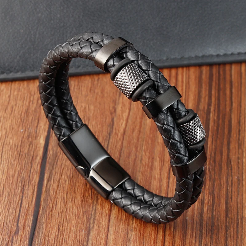 Charm Braid Rope Bracelet For Men Stainless Steel Magnetic Buckle Genuine Leather Bracelets & Bangles Male Female Jewelry