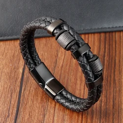 Pulsera de cuerda trenzada para hombre y mujer, brazalete de cuero genuino con hebilla magnética de acero inoxidable, joyería masculina