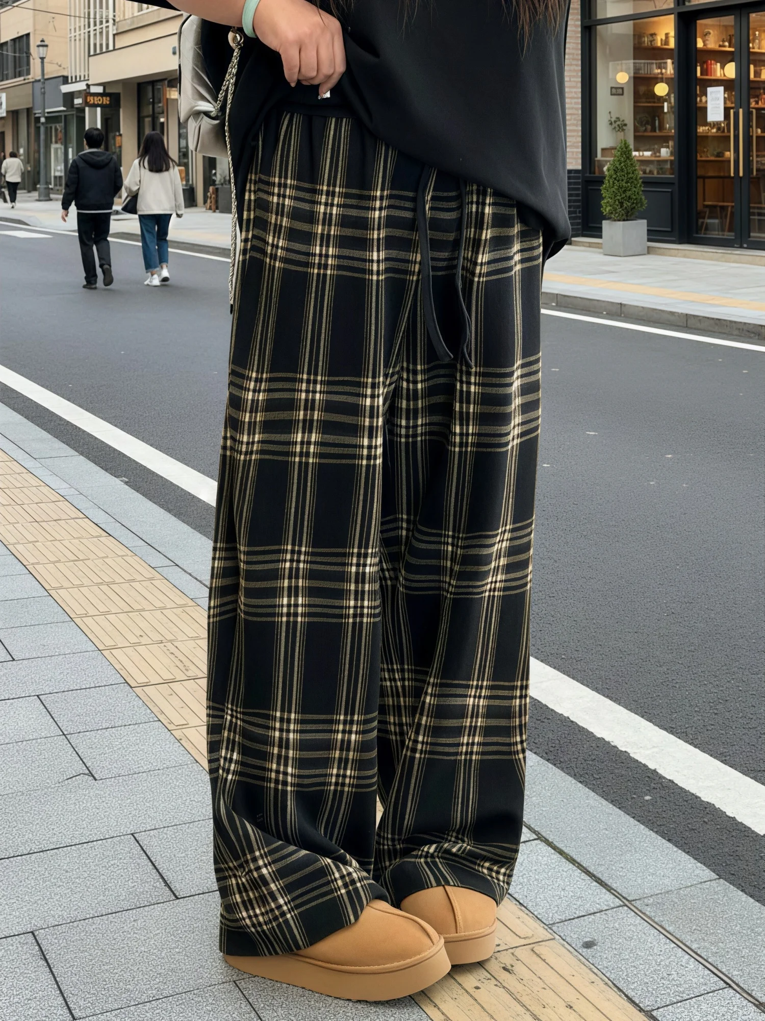 

plus Size Women's Casual Loose Comfortable Plaid Design Wide Leg Pants Autumn Winter High Waist Polyester Fiber Straight Tube