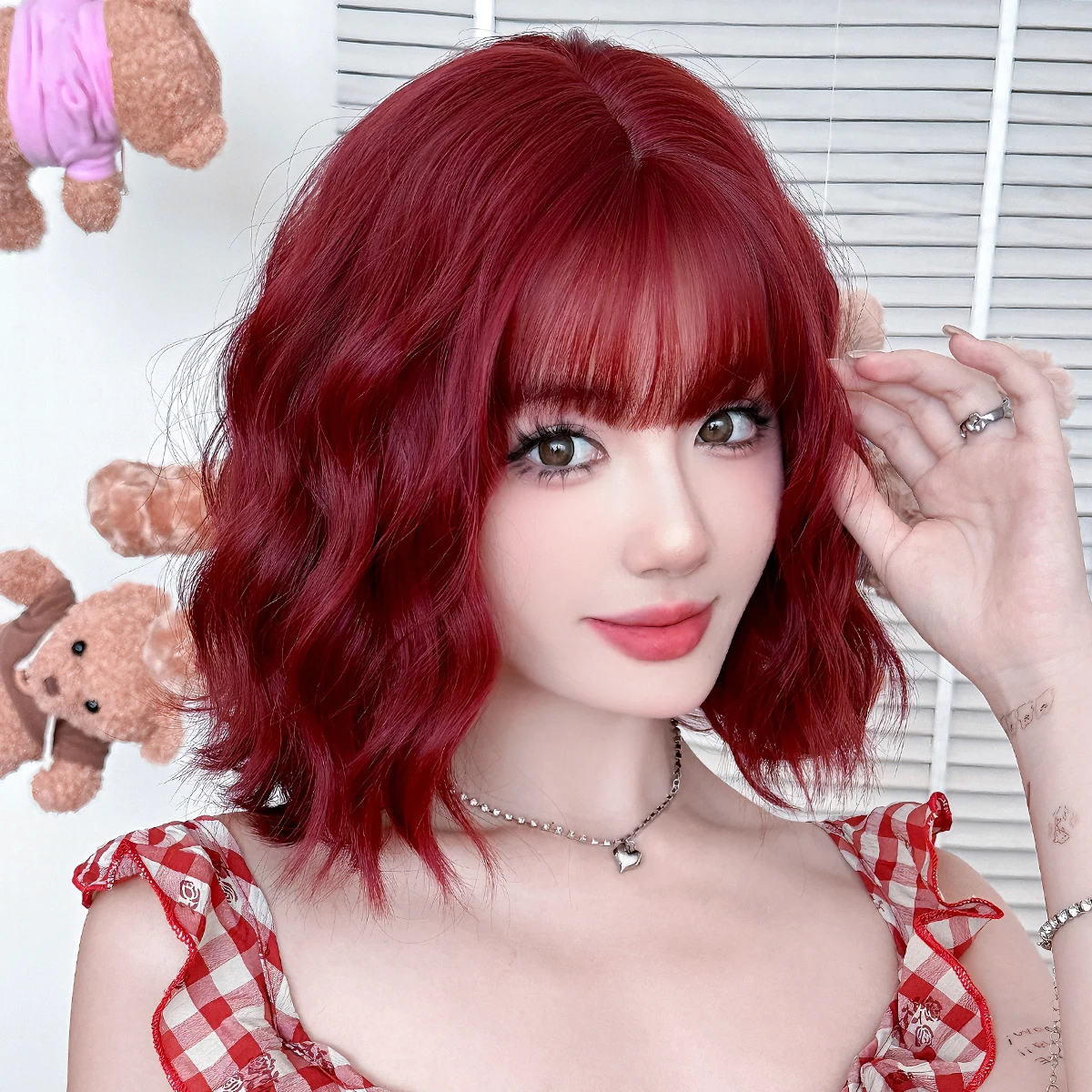 7JHH WIGS Short Water Wave Wine Red Wig for Women Synthetic Modest Fashion Wear and Go Burgundy Bob Wigs with Neat Bangs - view 2