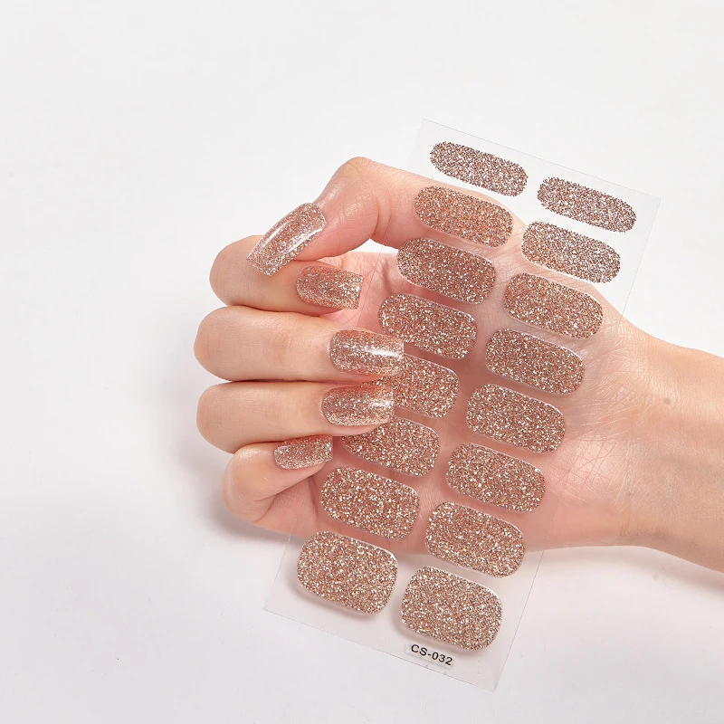 16/22tips Gradient Glitter French Full Cover Nail Stickers Simple Thermal Color Adhesive Nail Polish Strips Wraps Manicure