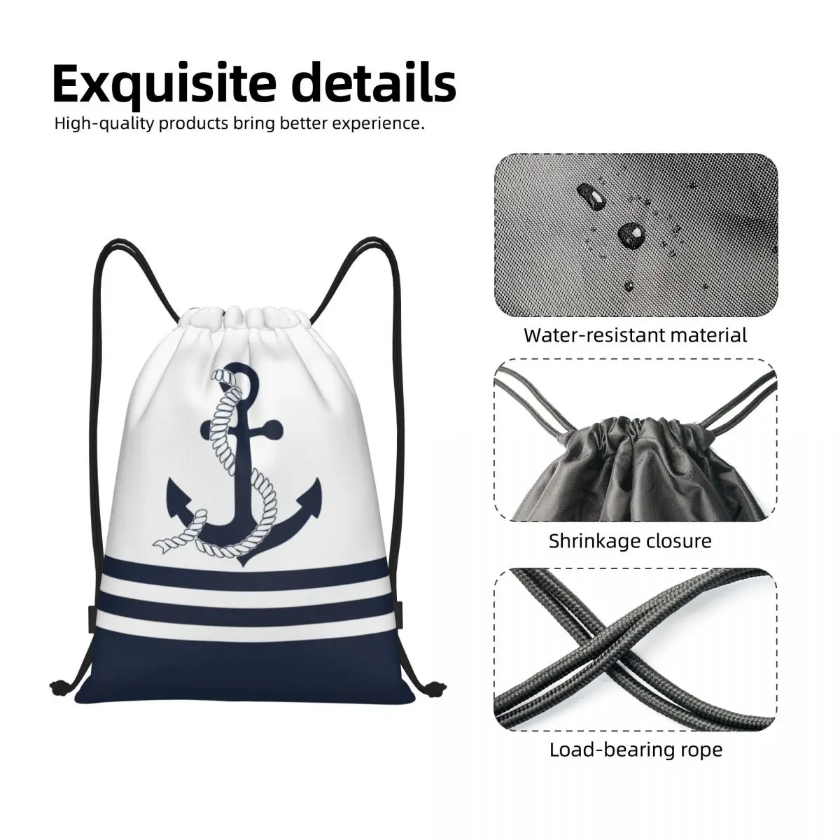 Custom Nautical Blue Anchors With Blue And White Stripes Drawstring Bags Lightweight Sailing Sailor Sports Gym Storage Backpack