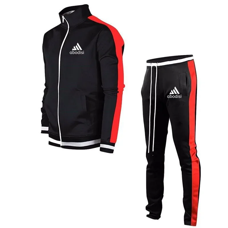 New Brand Printing Striped Tracksuit Men\'s Solid Casual Sports Suit Spring Autumn Sportswear Zipper Hoodie+pants Training Suit