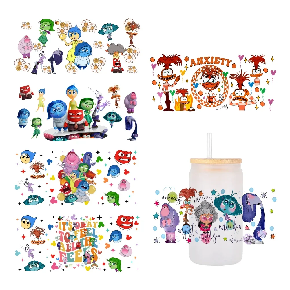 Disney Cartoon Inside Out Cup Wraps, Etiqueta de transferência para vidro Libbey, Pode engarrafar Selfadhesive, Lavável DIY Custom, 2 16oz UV DTF