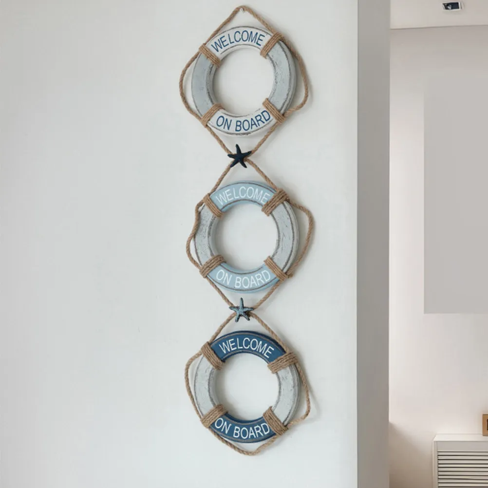 

Mediterranean Style Wooden Life Ring Hanging Decor Nautical Wall Art for Bedroom Dining Room Living Room Beach Theme Hanging