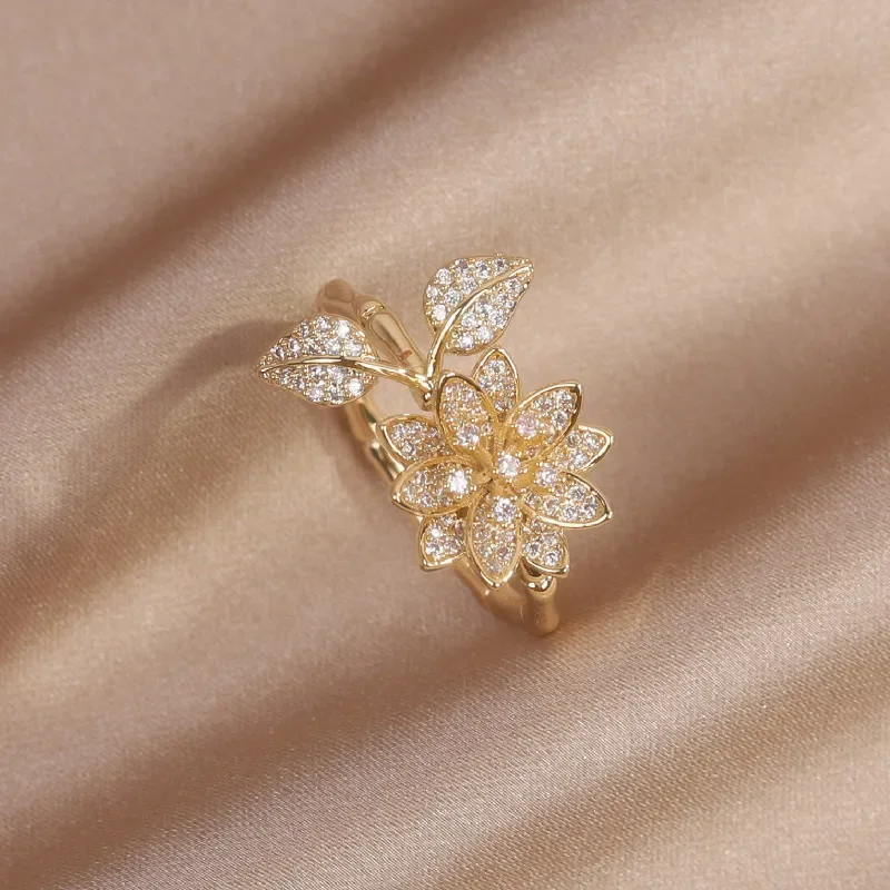 New Design Fashion Jewelry  Real Gold Plated Exquisite Leaf Flower Zircon Ring Elegant Women's Daily Opening Adjustable Ring