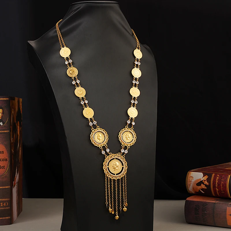 

Ataturk Coin Jewelry Necklace with Bell Tassel Gold Plating Turkish Bridal Jewelry Ottoman Royal Wedding Pendant Muslim Gifts