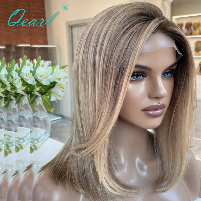 

Large Small Cap Lace Frontal Wig Light Ash Brown Highlights Human Hair Wigs for Lady Women Virgin Straight Glueless Wig Qearl