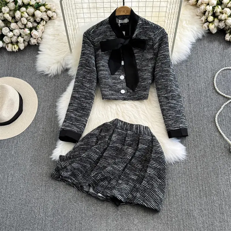 

2024 Spring Fashionable Set For Women Long Sleeve Bow Tied Thick Tweed Jacket Two-Piece High Waisted Pleated Skirt Outfits Z4579