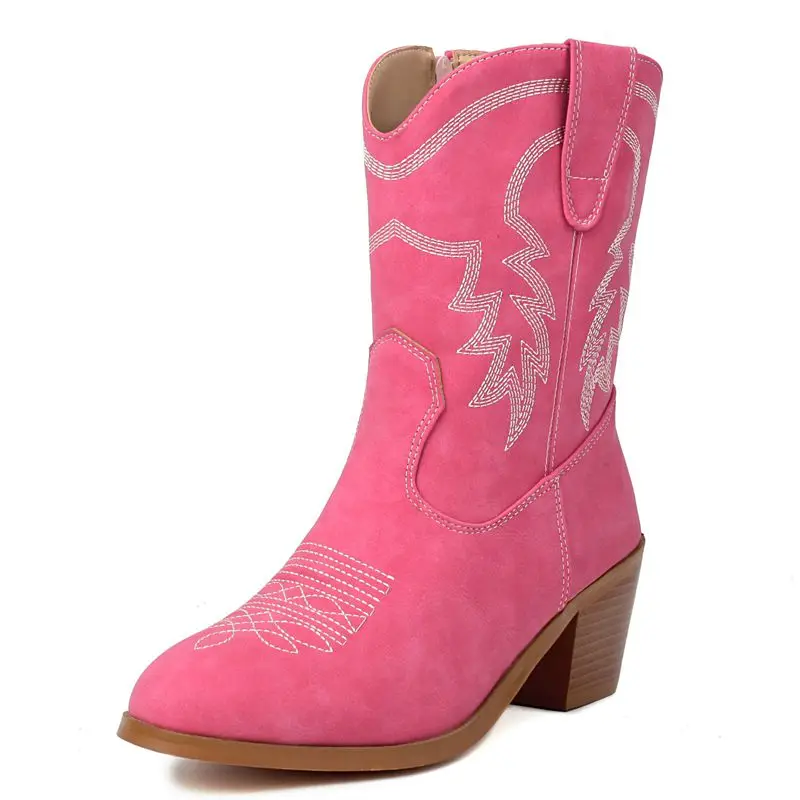 

SIMLOVEYO Casual Spring Autumn Mujer Cool Sale Round Toe Chunky Heels Embroider Size 46 47 48 Daily Booties Women Mid Calf Boots