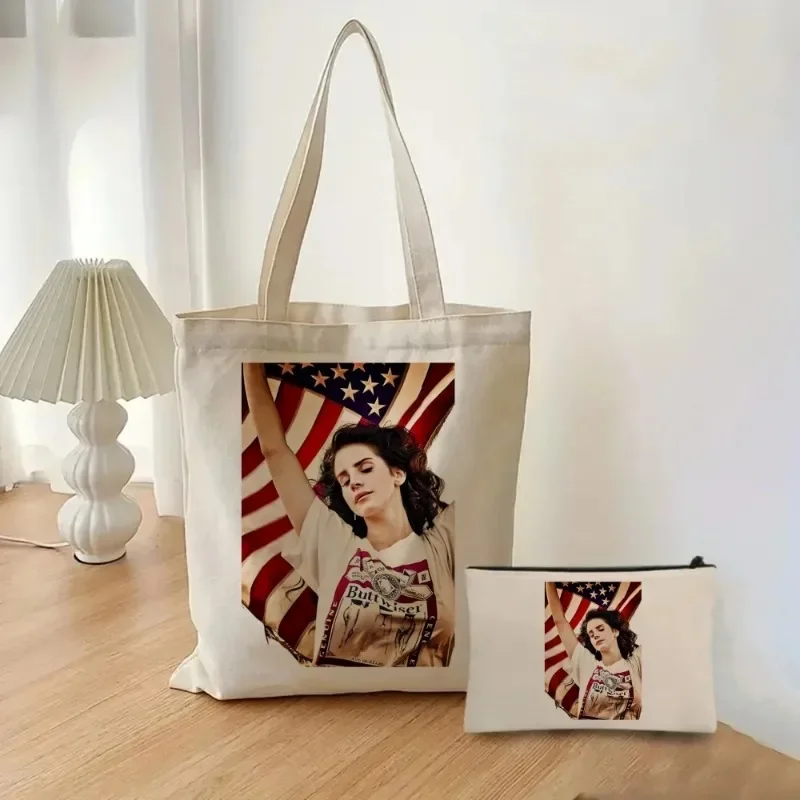 2pcs Lana Del Rey Printed Fashion Handbag Ladies Cosmetic Organizer Canvas Shoulder Bag Eco Large Capacity Shopping Bag Wallet