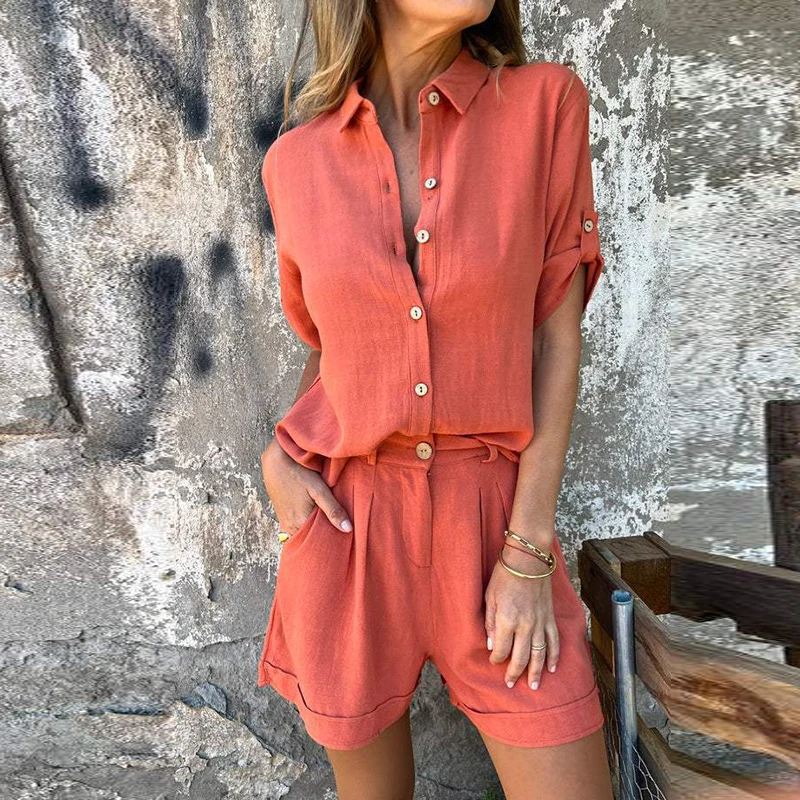 

2024 Women Elegant Commuter Solid 2Pc Suit Fashion Lapel Button Shirt & Short Pant Set Casual Short Sleeve Pocket Loose Outfits