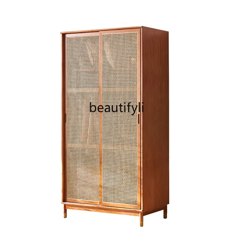 

Solid Wood Wardrobe Nordic Hotel Double Door Rattan Wardrobe Combination Home Bedroom Large Capacity