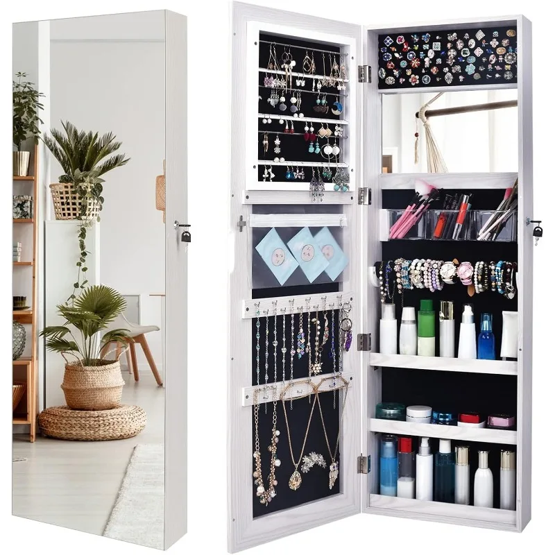 

48” x 15” All Screen Jewelry Armoire Cabinet,Full Length Mirror Display, Beauty Organizer Dressing Makeup,Lockable w/FREE