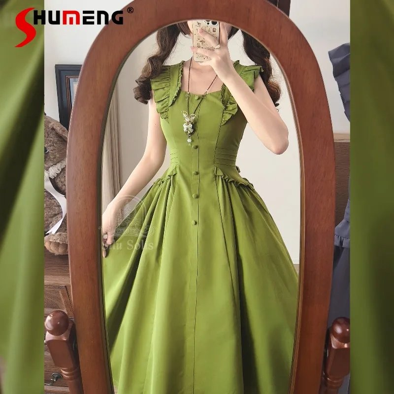 

Summer Retro Elegant Vestidos Ladies Waist Fitted Slimming Big Swing Casual Dresses Sweet Gentle Daily Commute Chic Midi Dresses
