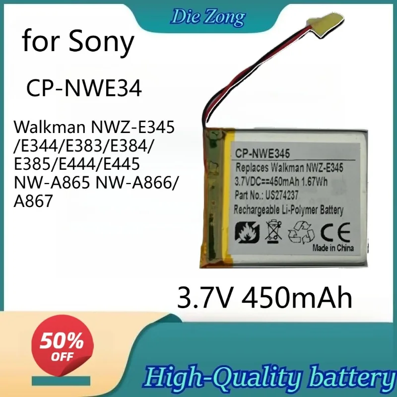 New High quality 3.7V 450mAh CP-NWE345 Battery for Sony Walkman NWZ-E345/E344/E383/E384/E385/E444/E445 NW-A865 NW-A866/A867